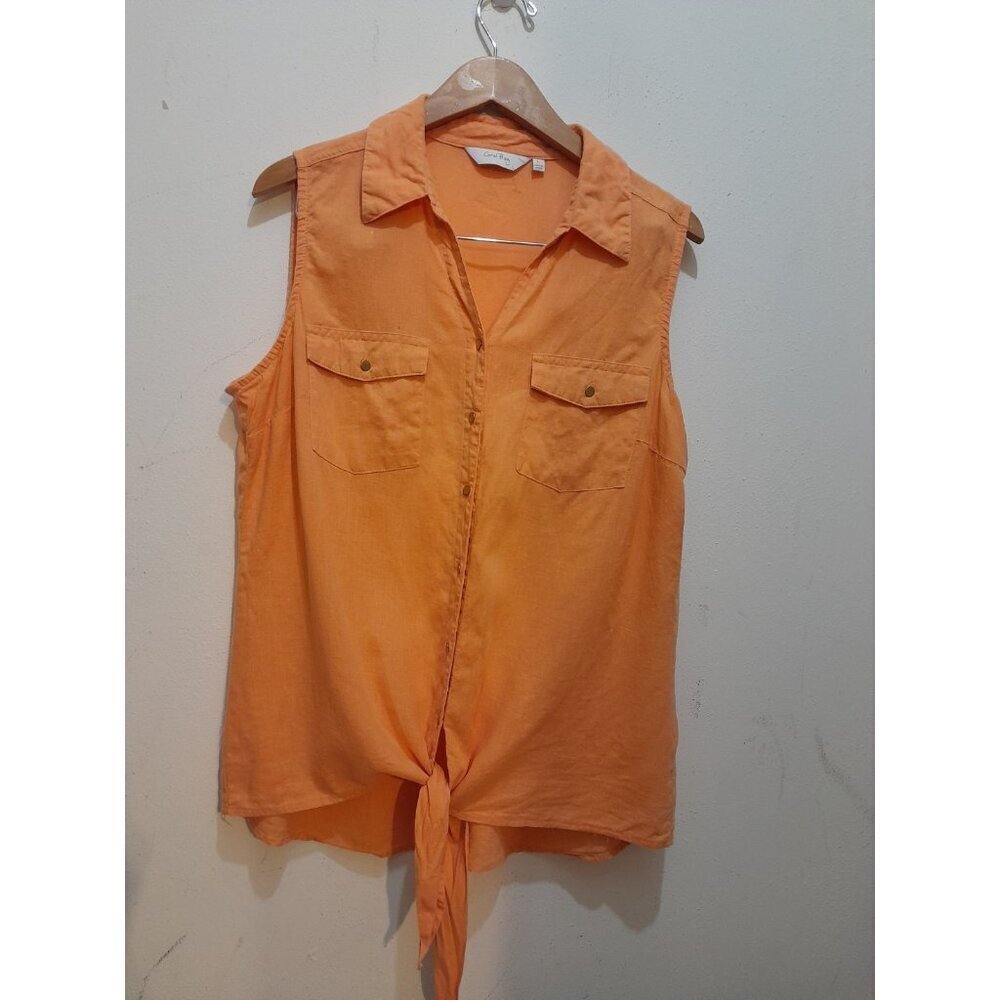 Coral Bay Linen Blend Casual Beach Vacation Sleeveless Blouse Large Peach Coral